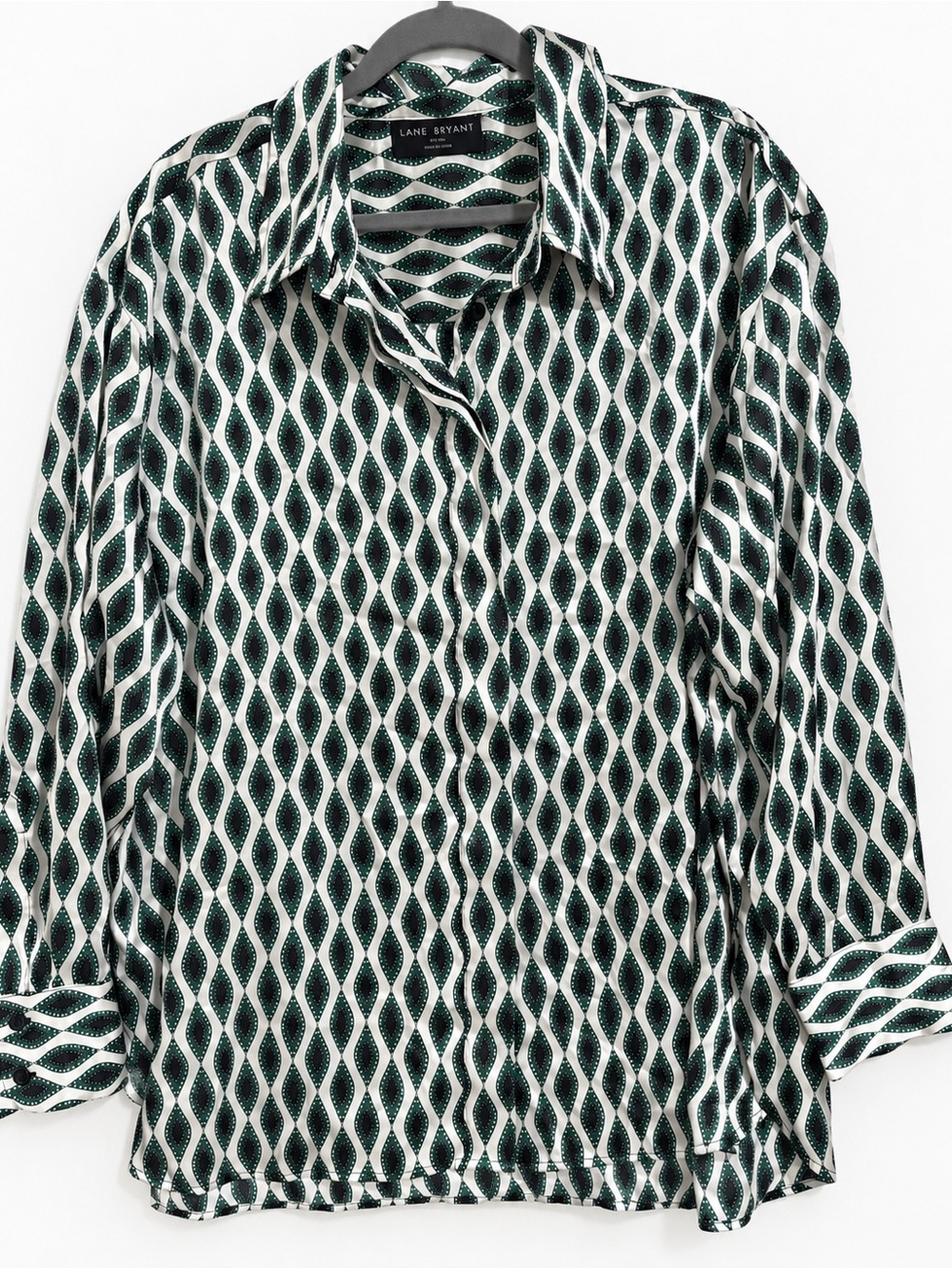 Lane Bryant Green and White Wave-Print Button-Down Shirt - Picture 2 of 7
